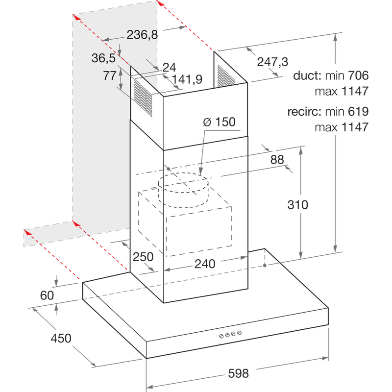 Bauknecht Dunstabzugshauben Einbaugerät DBHBS 63 LL IX Edelstahloptik Wandmontage Elektronisch Technical drawing