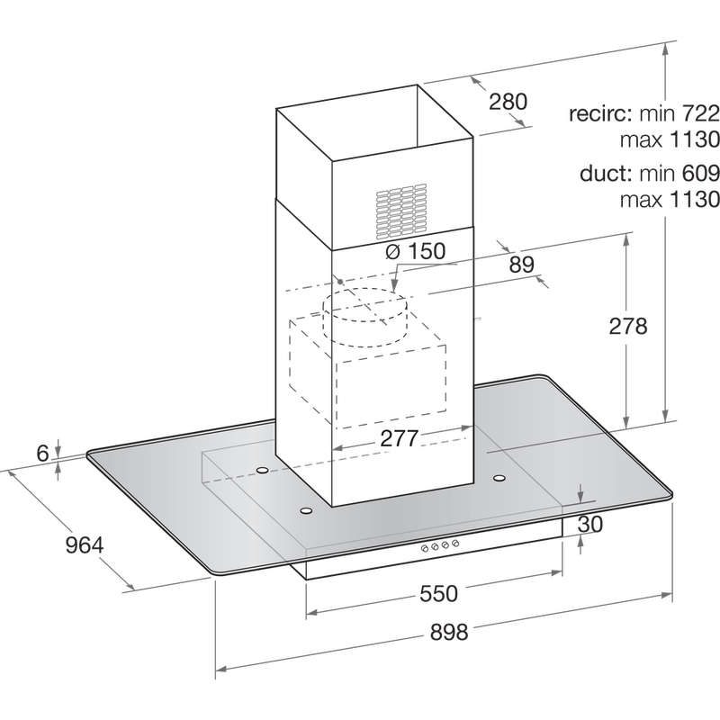 Bauknecht Dunstabzugshauben Einbaugerät DBIF 93 LB X Edelstahloptik Standgerät Elektronisch Technical drawing