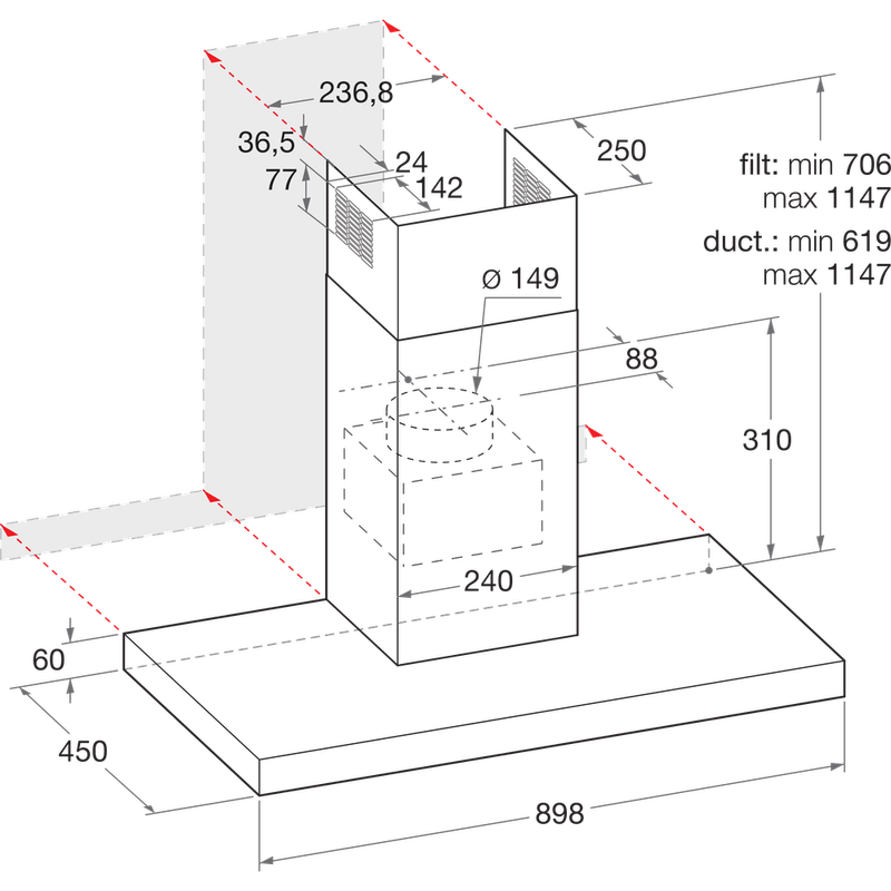 Bauknecht Dunstabzugshauben Einbaugerät DBHBS 94 LM X Edelstahloptik Einbaugerät Mechanisch Technical drawing