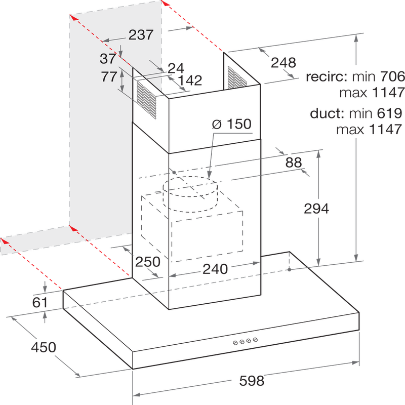 Bauknecht Dunstabzugshauben Einbaugerät DBHBS 64 LM X Edelstahloptik Einbaugerät Elektronisch Technical drawing