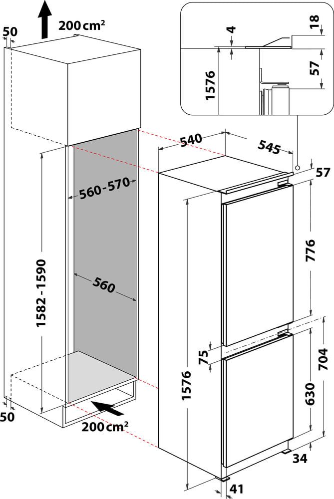 Bauknecht Kühl- / Gefrierkombination Einbaugerät KGIS 16S2 Weiss 2 doors Technical drawing