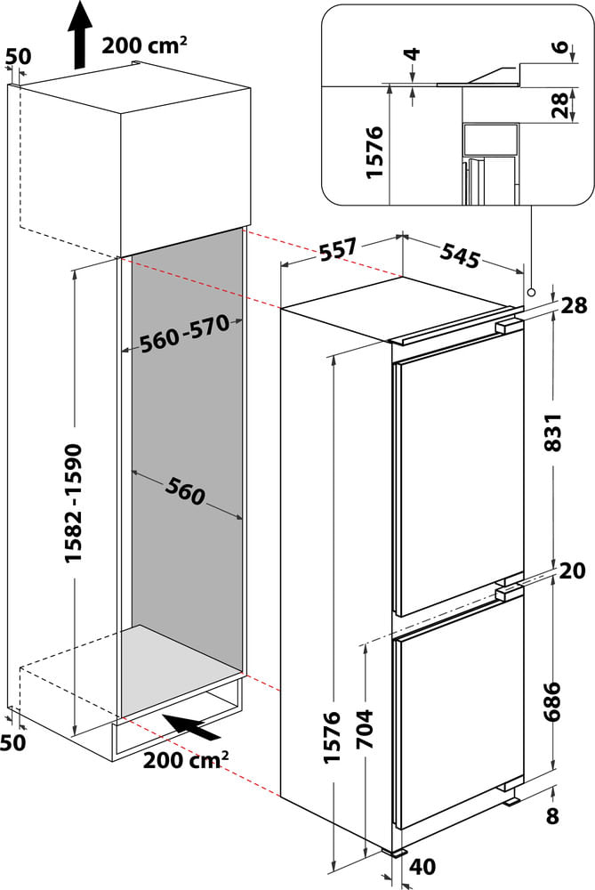 Bauknecht-Kuhl----Gefrierkombination-Einbaugerat-KGIS-16F2-P-Weiss-2-doors-Technical-drawing