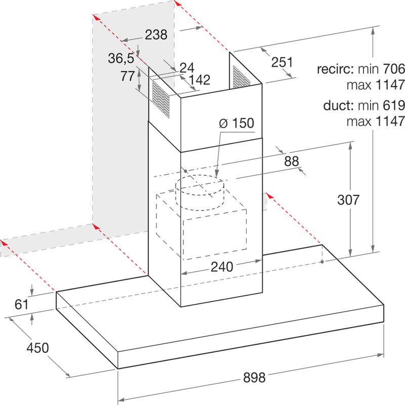 Bauknecht Dunstabzugshauben Einbaugerät DBHBS 93 LL X Edelstahloptik Wandmontage Elektronisch Technical drawing