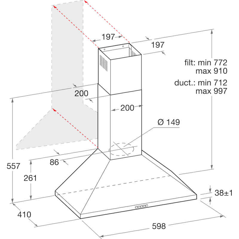 Bauknecht Dunstabzugshauben Einbaugerät DBHPN 65 LM X/1 Edelstahloptik Wandmontage Mechanisch Technical drawing