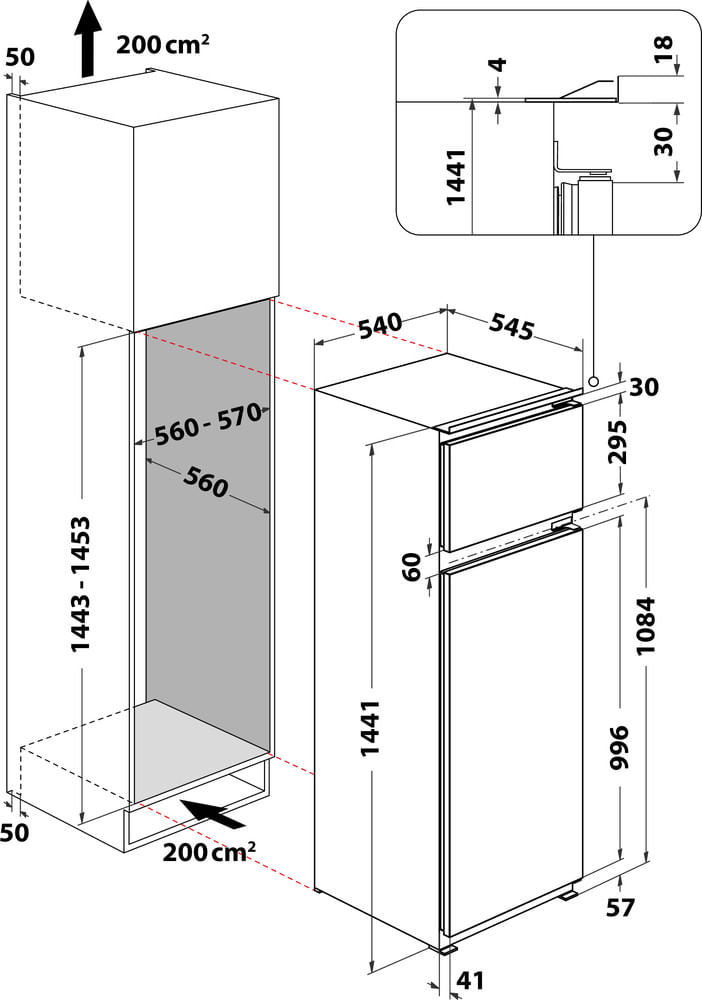 Bauknecht-Kuhl----Gefrierkombination-Einbaugerat-KDI-14S2-Weiss-2-doors-Technical-drawing