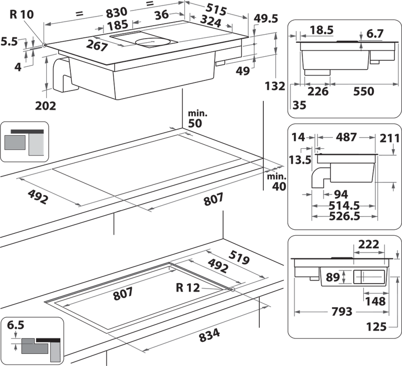 Bauknecht Venting cooktop BVH80 Venting Flexi Schwarz Technical drawing