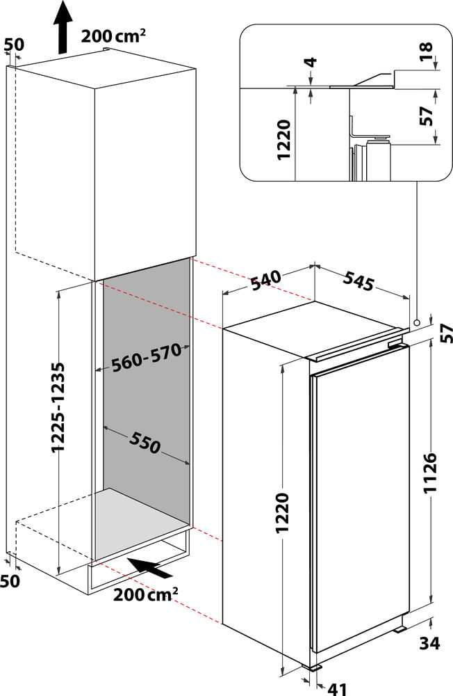 Indesit Kühlschrank Einbaugerät IBC 12BC21R Edelstahloptik Technical drawing