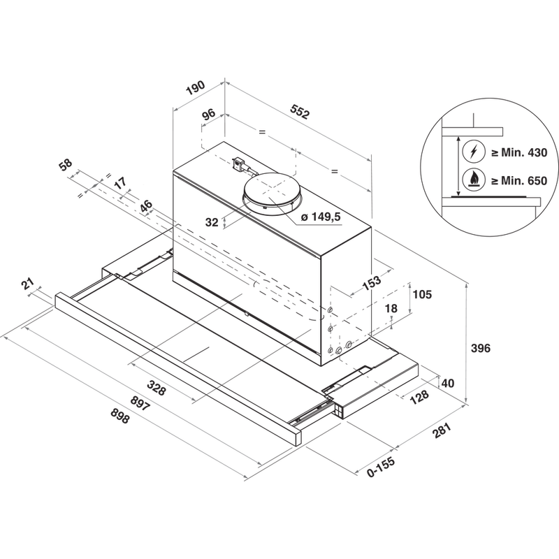 Bauknecht Dunstabzugshauben Einbaugerät DBAH 92 LT X Edelstahloptik Einbaugerät Elektronisch Technical drawing