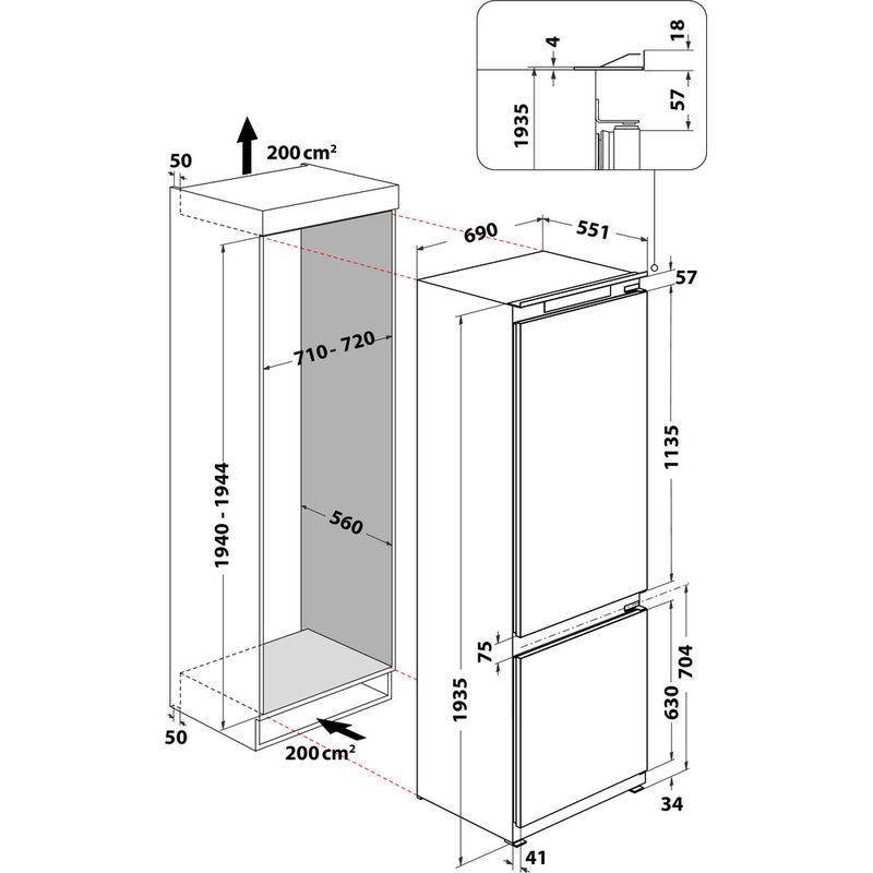 Bauknecht Kühl- / Gefrierkombination Einbaugerät BNF70 400 Weiss 2 doors Technical drawing