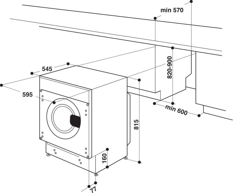 Bauknecht Waschmaschine Einbaugerät BI WMBG 71483E DE N Weiss Frontlader D Technical drawing