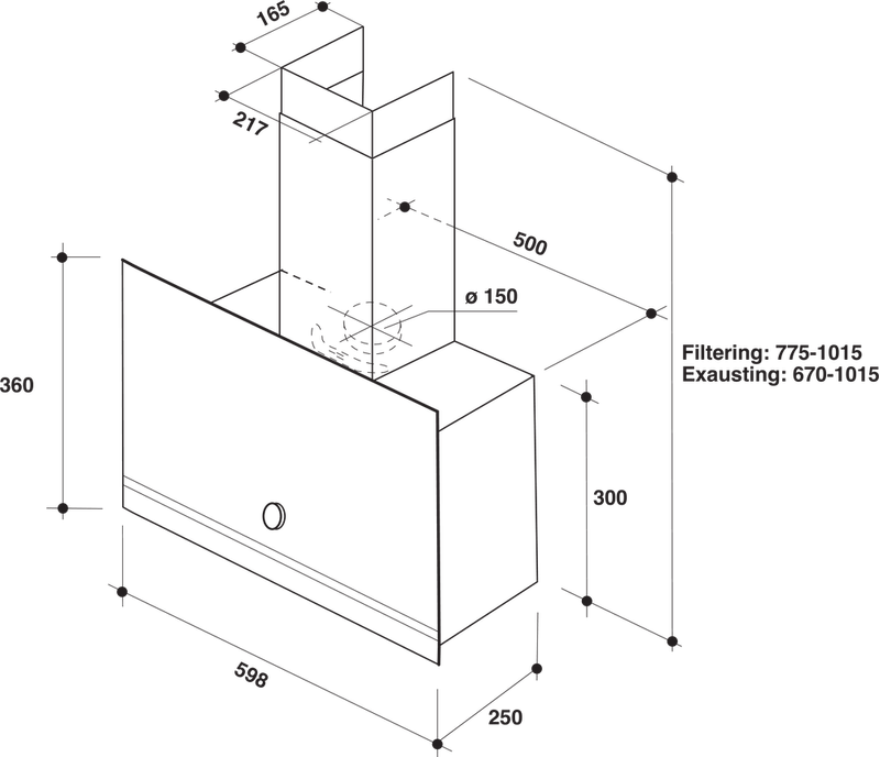 Bauknecht Dunstabzugshauben Einbaugerät DBHVA 62F LM K Schwarz Standgerät Mechanisch Technical drawing