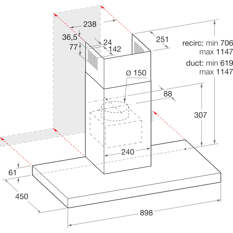 Bauknecht Dunstabzugshauben Einbaugerät DBIBS 93F LL K Schwarz Wandmontage Elektronisch Technical drawing