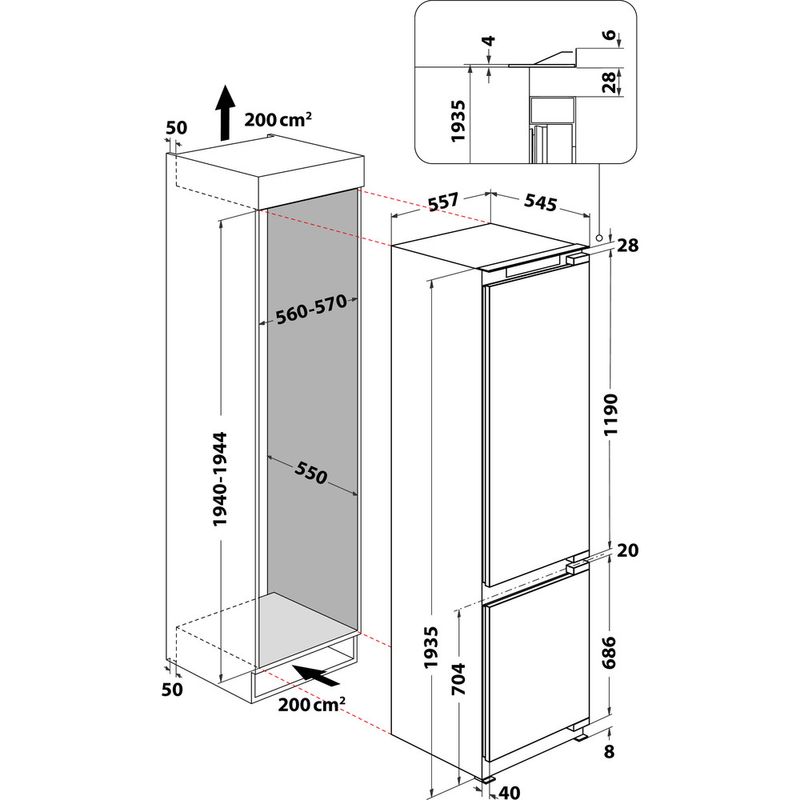 Bauknecht Kühl- / Gefrierkombination Einbaugerät BKGIS 20F22 Weiss 2 doors Technical drawing