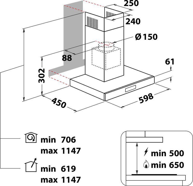 Bauknecht Dunstabzugshauben Einbaugerät DBHBS 64 LM X Edelstahloptik Einbaugerät Elektronisch Technical drawing