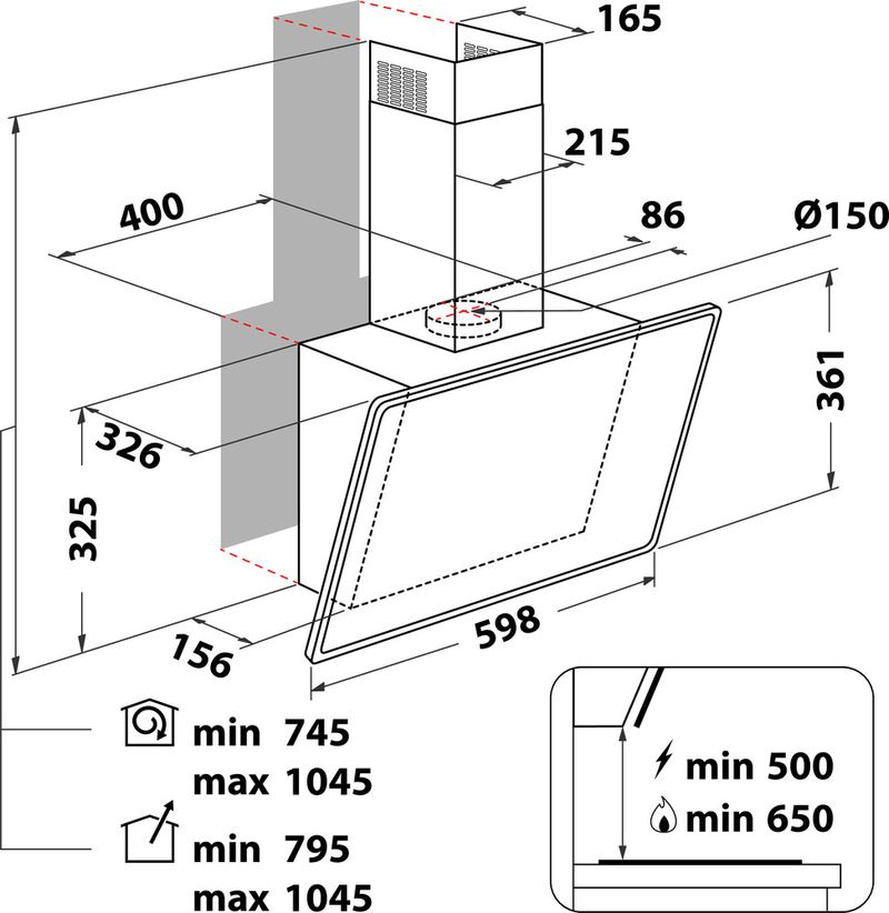 Bauknecht Dunstabzugshauben Einbaugerät RBHVP 63 LM K Schwarz Wandmontage Mechanisch Technical drawing
