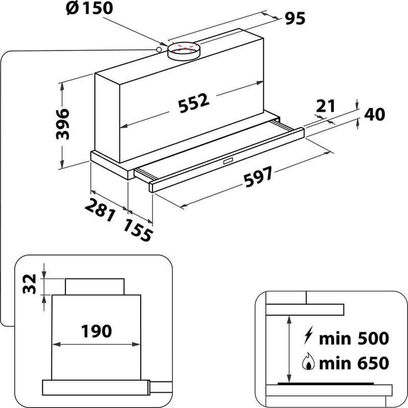 Bauknecht Dunstabzugshauben Einbaugerät RBAH 62 LT X Grau Einbaugerät Elektronisch Technical drawing